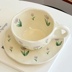 hand-painted ceramic coffee cup with saucer set, cute tea cup for cozy breakfasts