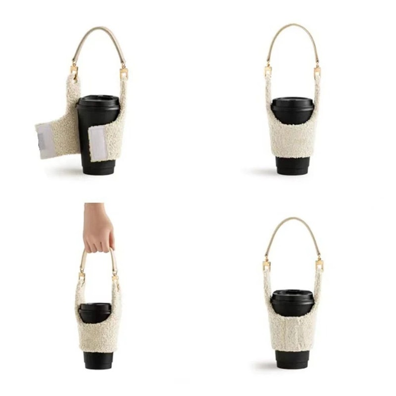 Lamb Plush Cup Sleeve With Removable Pouch Insulated Cup Holder For Coffee Cups Water Bottles 2