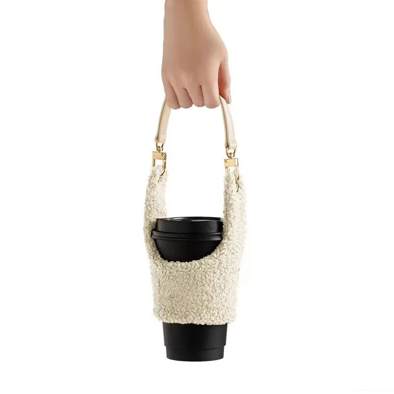 Lamb Plush Cup Sleeve With Removable Pouch Insulated Cup Holder For Coffee Cups Water Bottles 5