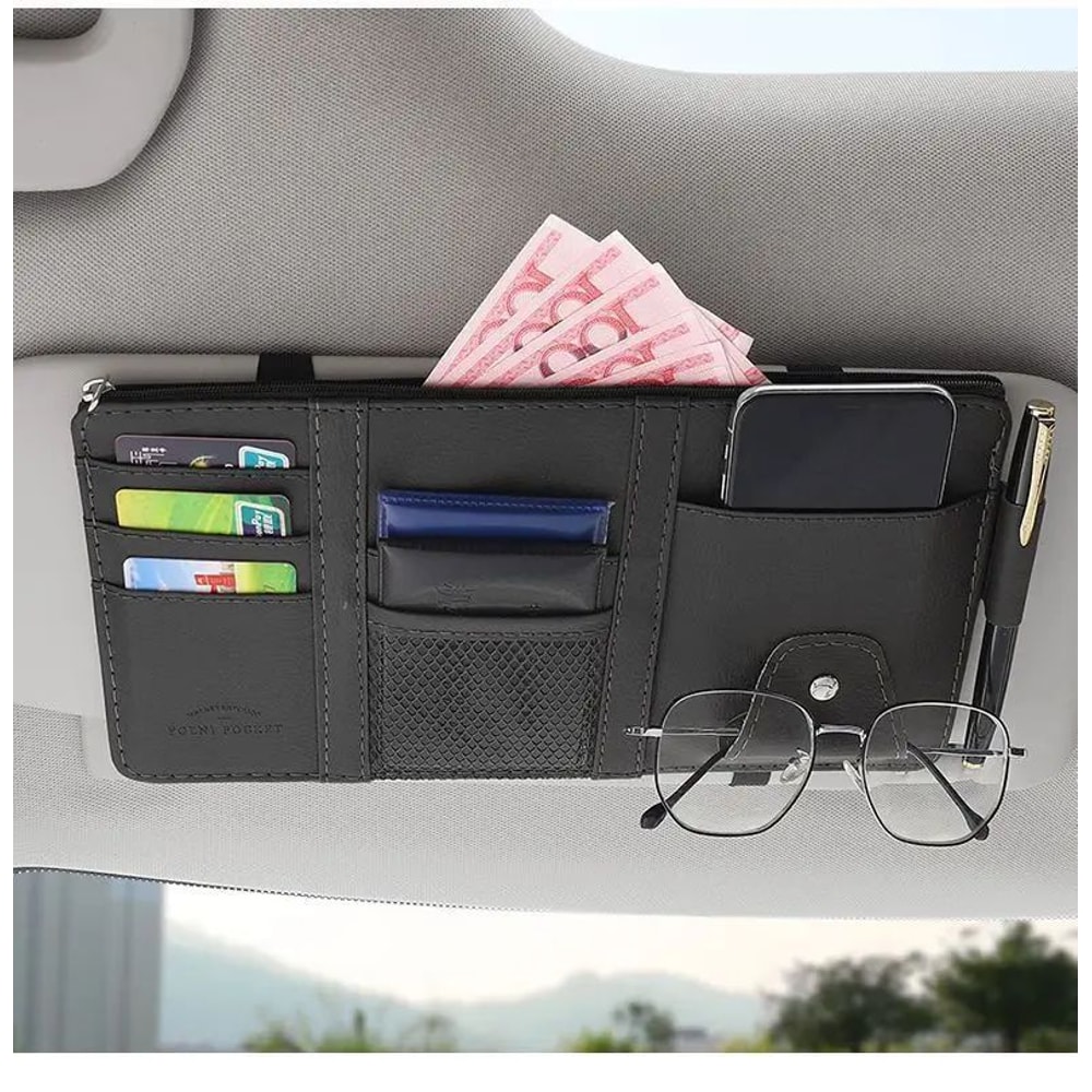 Car Sun Visor Organizer Pouch With Sunglasses Holder Card Slots License Tickets Receipts 3
