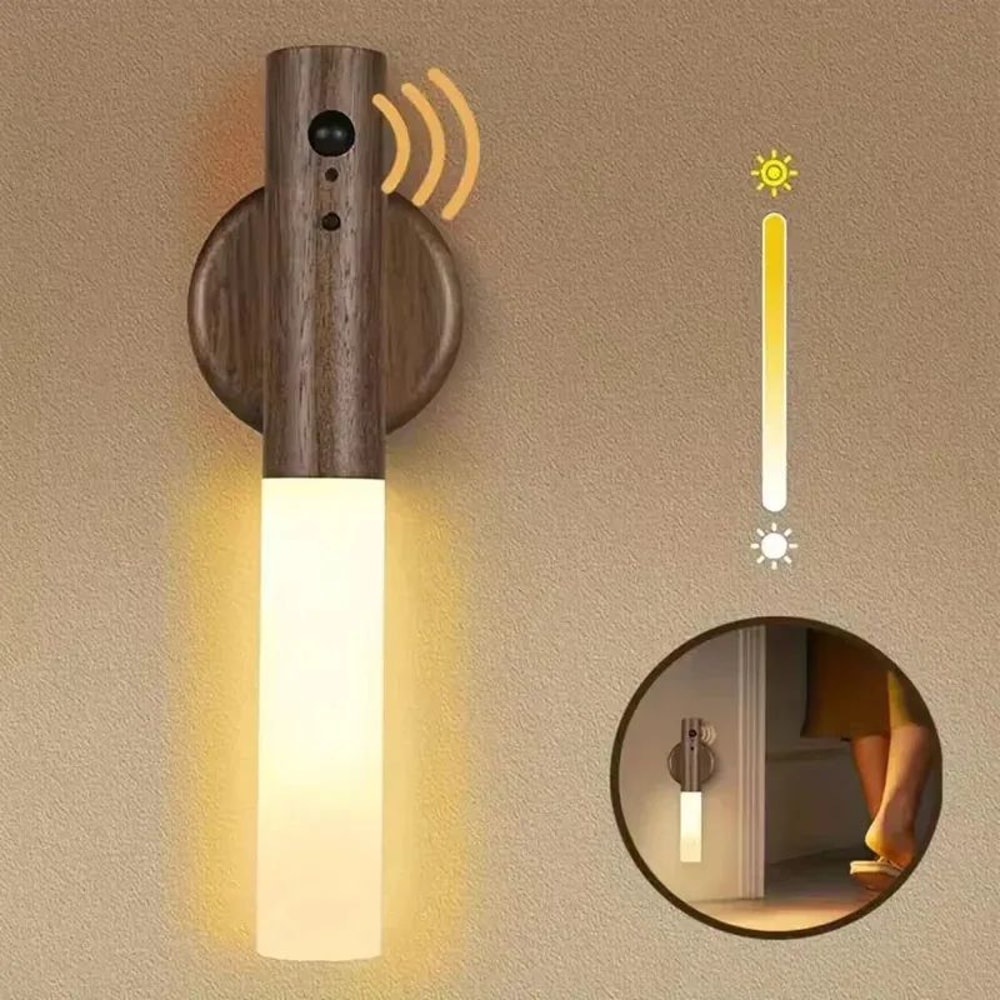 Wooden Motion Sensor Night Light USB Rechargeable Magnetic Wall Light For Stairs Bedroom 0