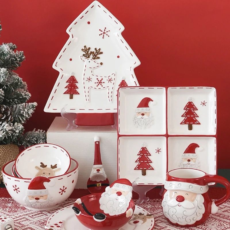 Santa Claus Christmas Ceramic Cookie Jar Serving Plate Set Holiday Tableware For Cookies Desserts 5
