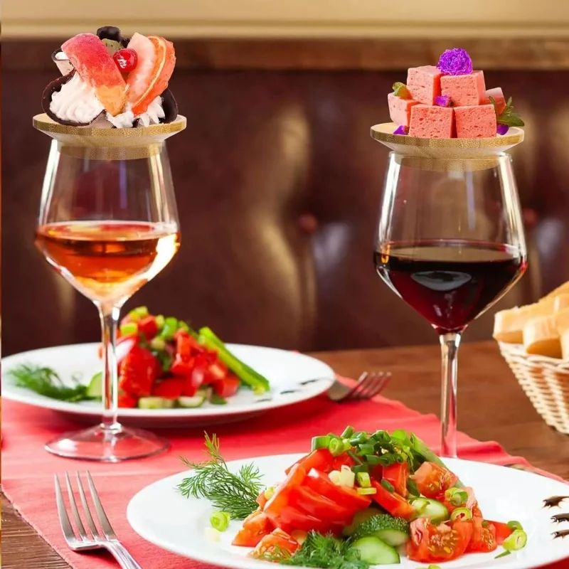 Bamboo Wine Glass Topper Appetizer Plate Charcuterie Board Topper Drink Cover For Parties 4