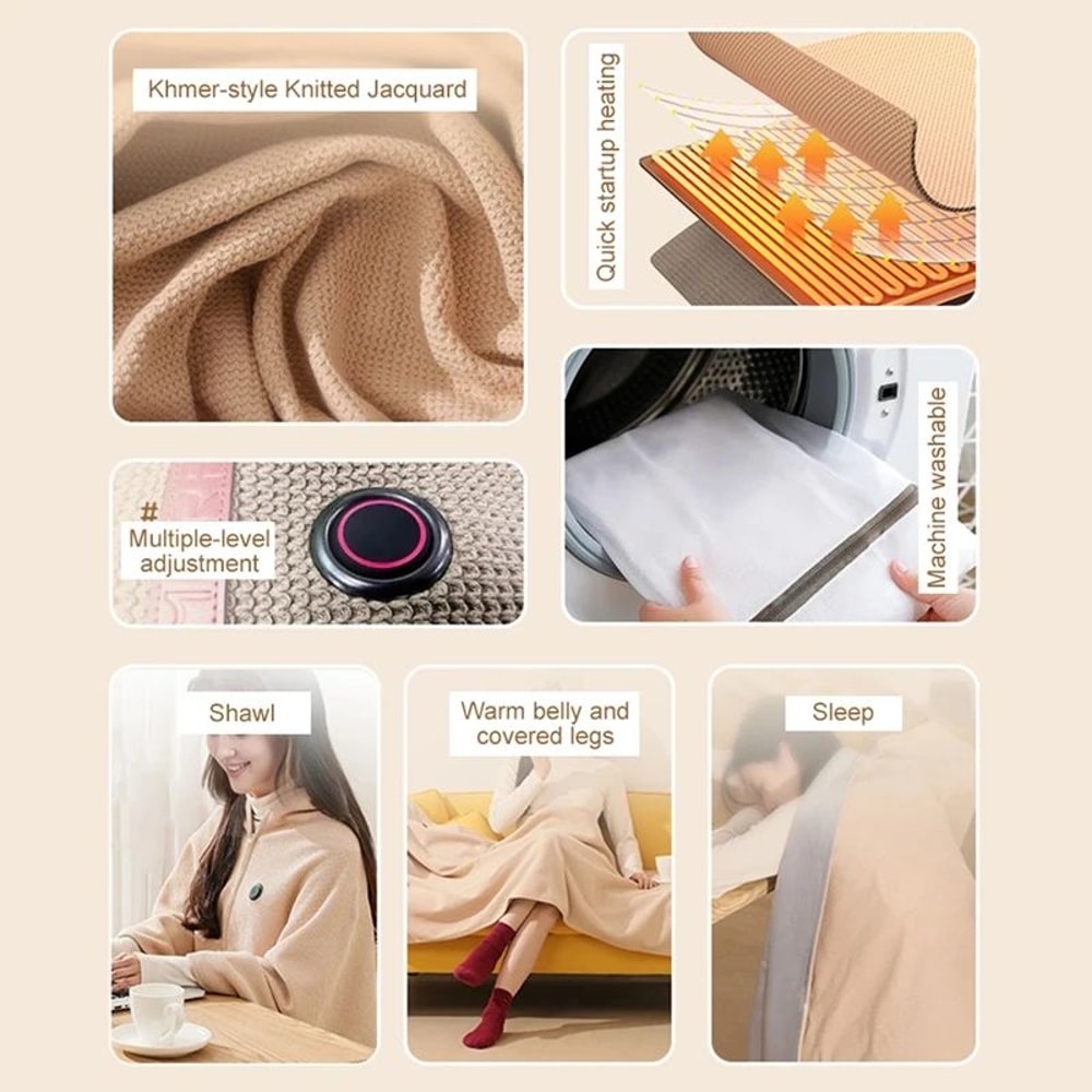 Wearable USB Heated Blanket Shawl With 3 Heat Levels Cozy Office Wrap MachineWashable Warm Quilt 5