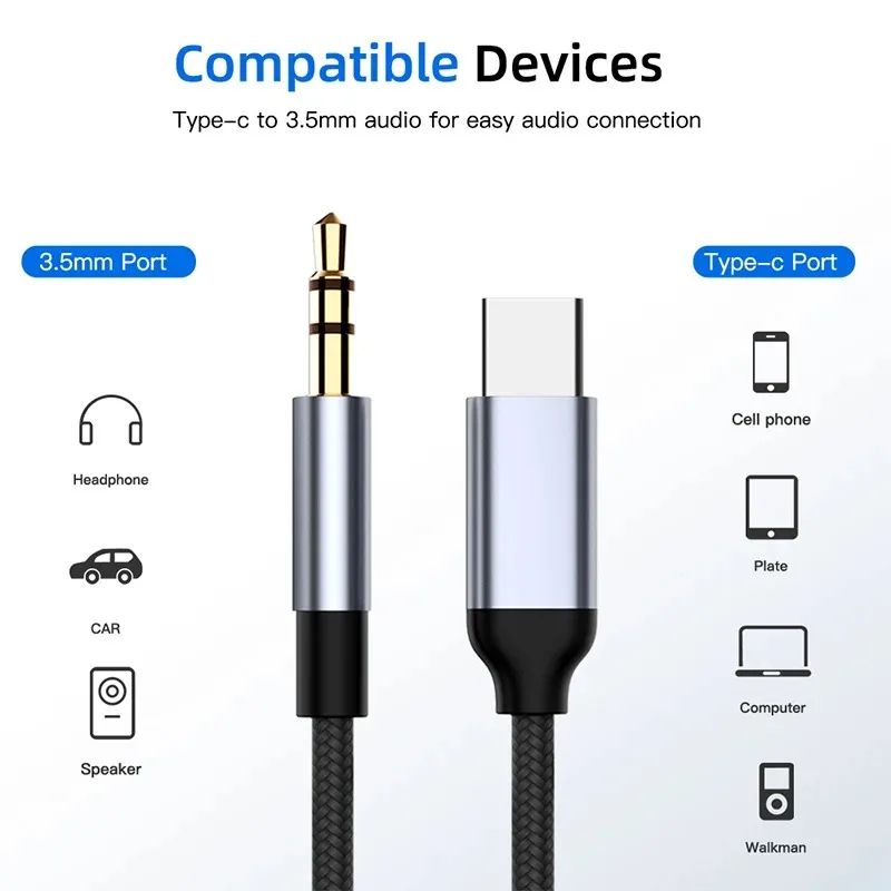 USB C To 35mm Audio Cable For Car And Headphones Type C To AUX Jack Cord 5