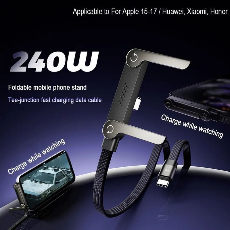 2in1 240W USBC Fast Charging Cable With Foldable Phone Stand Braided 15m 2