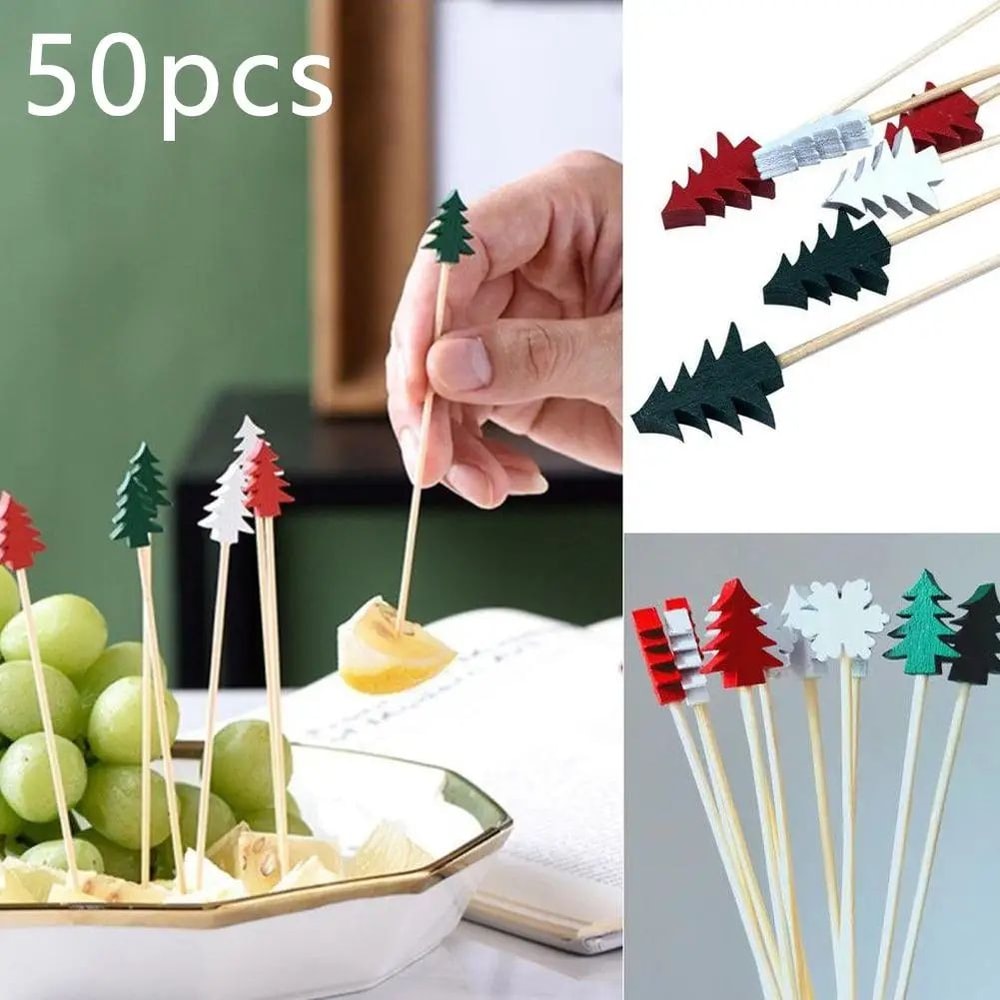 50Piece Christmas Fruit Picks Bamboo Party Fork Set With Santa Snowflake Tree Reindeer Designs 1