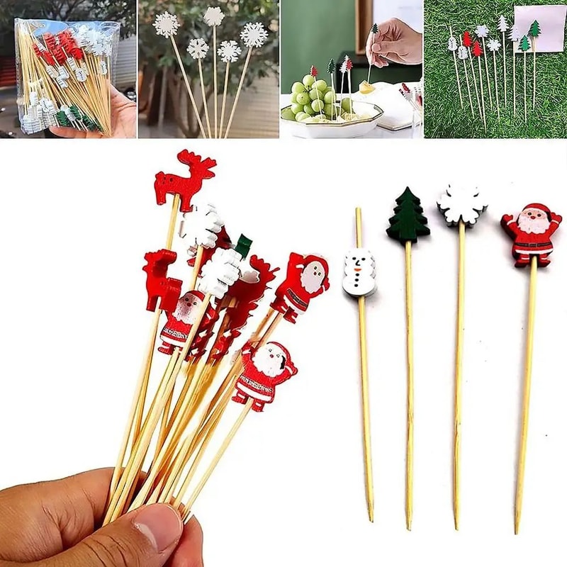 50Piece Christmas Fruit Picks Bamboo Party Fork Set With Santa Snowflake Tree Reindeer Designs 2