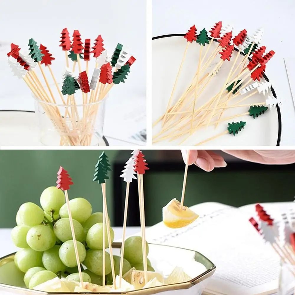50Piece Christmas Fruit Picks Bamboo Party Fork Set With Santa Snowflake Tree Reindeer Designs 3