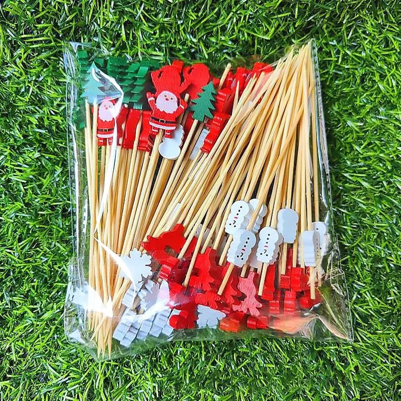 50Piece Christmas Fruit Picks Bamboo Party Fork Set With Santa Snowflake Tree Reindeer Designs 4