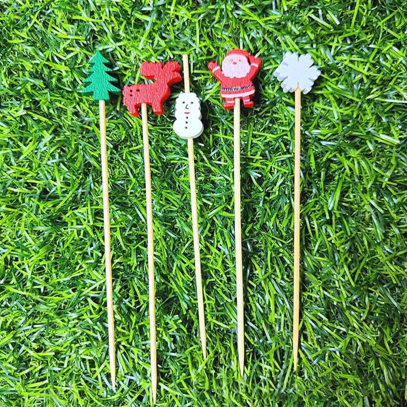 50Piece Christmas Fruit Picks Bamboo Party Fork Set With Santa Snowflake Tree Reindeer Designs 5