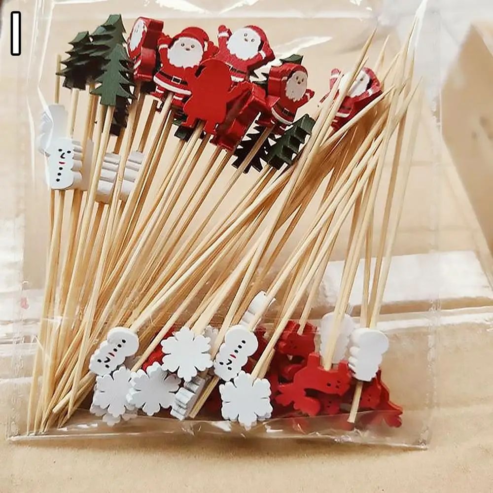 50Piece Christmas Fruit Picks Bamboo Party Fork Set With Santa Snowflake Tree Reindeer Designs 13