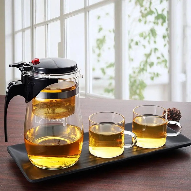 Heat Resistant Glass Teapot Set With Infuser Drum Shape Clear Tea Pot For Home Office 2