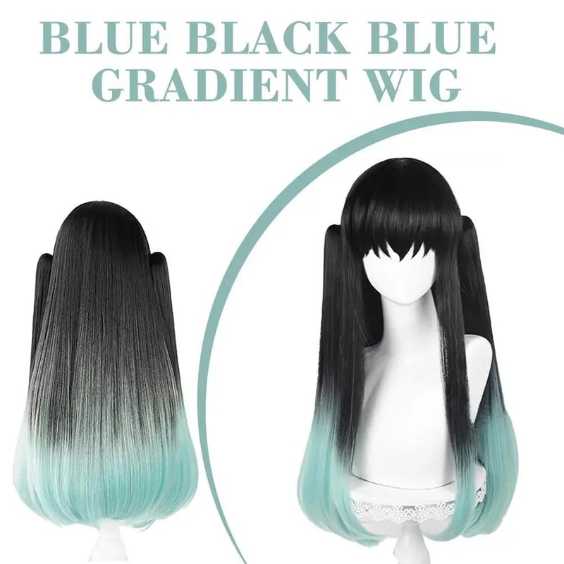 Muichiro Tokito Cosplay Wig BlacktoCyan Gradient HeatResistant Synthetic Anime Wig 0