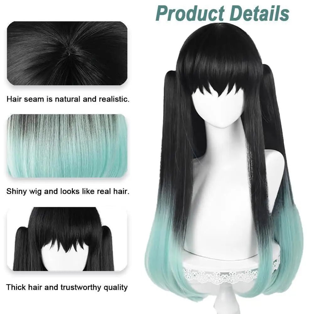 Muichiro Tokito Cosplay Wig BlacktoCyan Gradient HeatResistant Synthetic Anime Wig 3