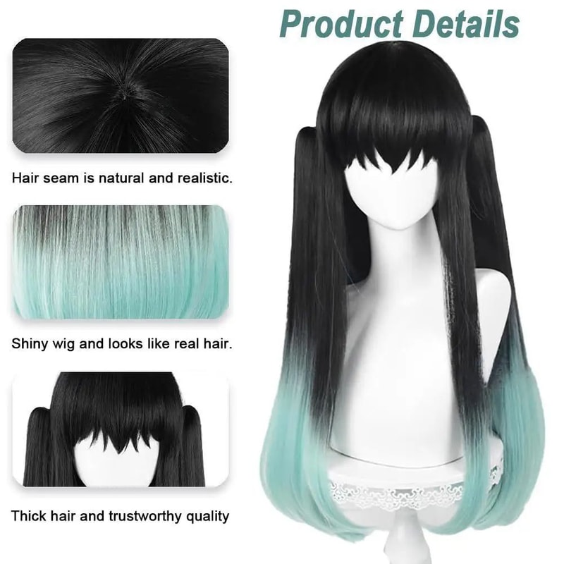 Muichiro Tokito Cosplay Wig BlacktoCyan Gradient HeatResistant Synthetic Anime Wig 3