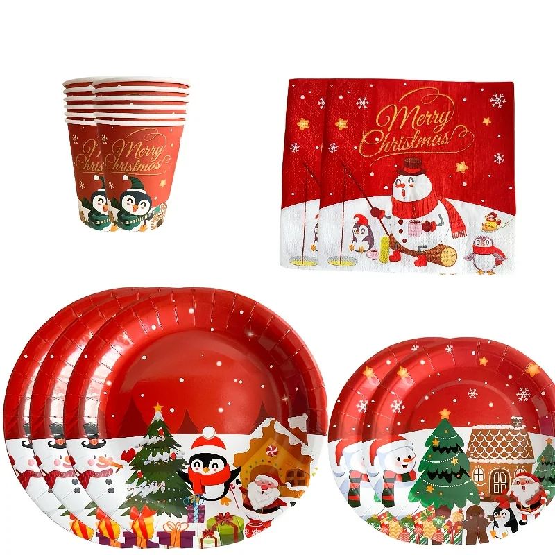 Christmas Party Tableware Set 10Pack Disposable Paper Plates And Cups With Napkins Banner Decor 0