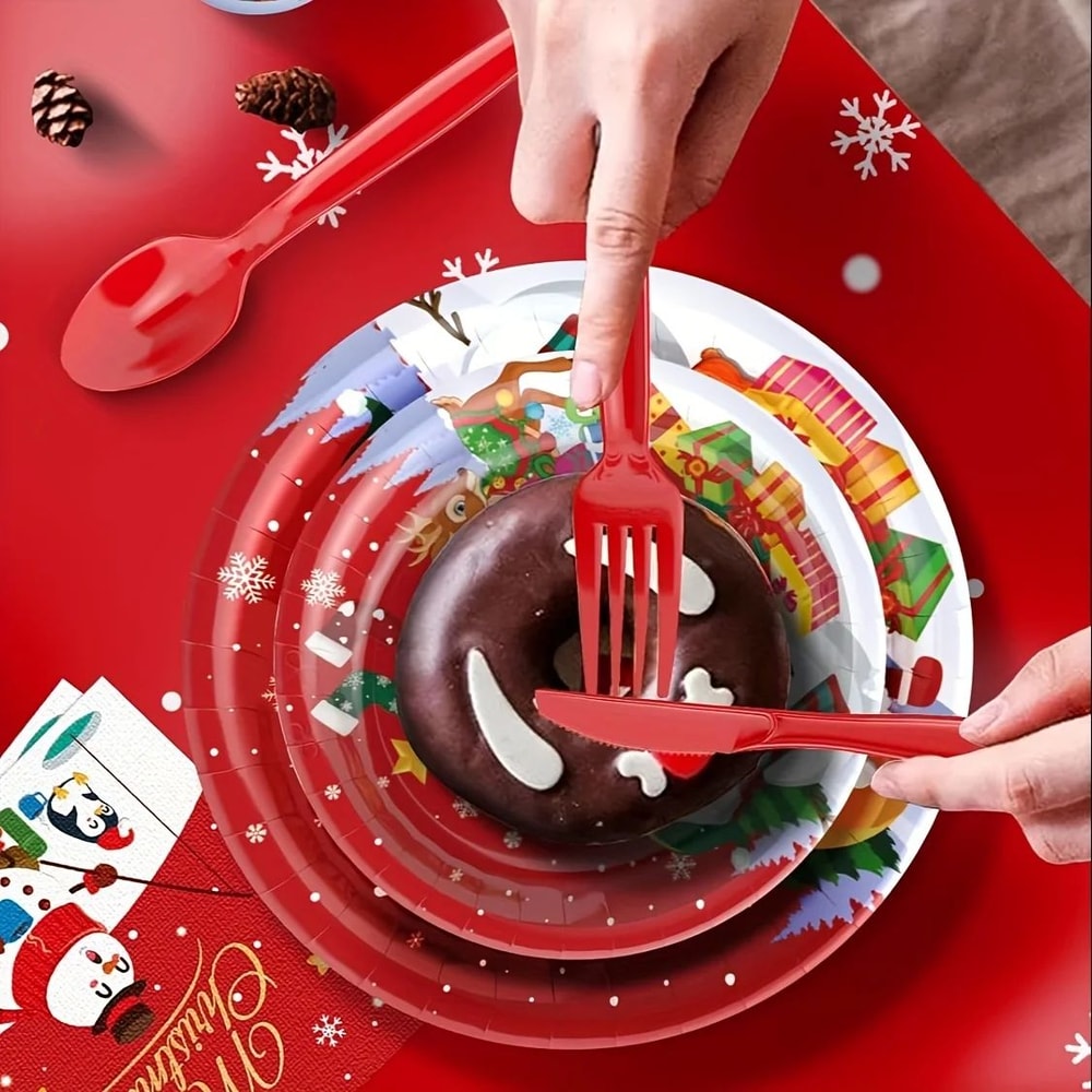 Christmas Party Tableware Set 10Pack Disposable Paper Plates And Cups With Napkins Banner Decor 1