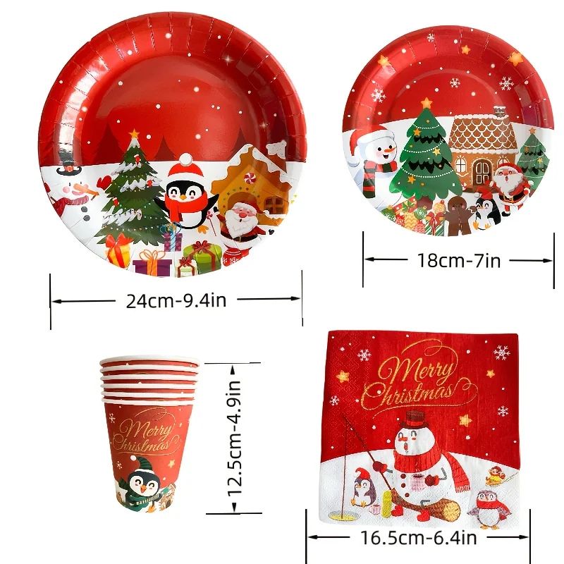 Christmas Party Tableware Set 10Pack Disposable Paper Plates And Cups With Napkins Banner Decor 2