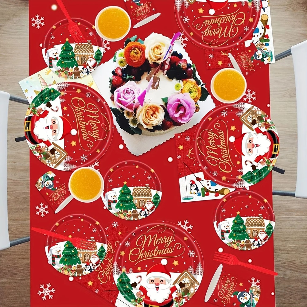 Christmas Party Tableware Set 10Pack Disposable Paper Plates And Cups With Napkins Banner Decor 3