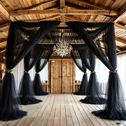 black polyester tulle draping fabric set (2pcs x 315 in) for wedding arch & party backdrops