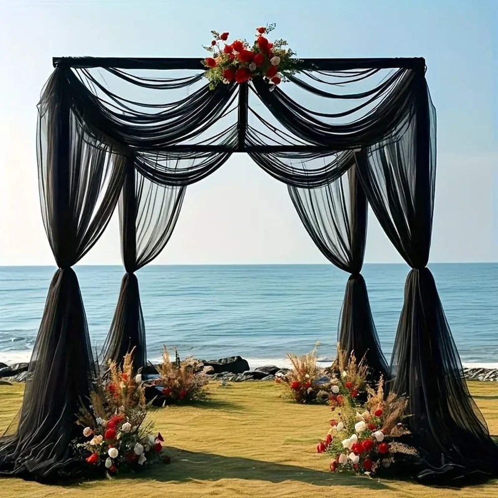 Black Polyester Tulle Draping Fabric Set 2pcs X 315 In For Wedding Arch Party Backdrops 2