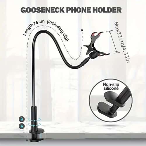 Gooseneck Phone Holder Clamp for Bed & Desk, Hands-Free Phone Mount with Flexible Long Arm