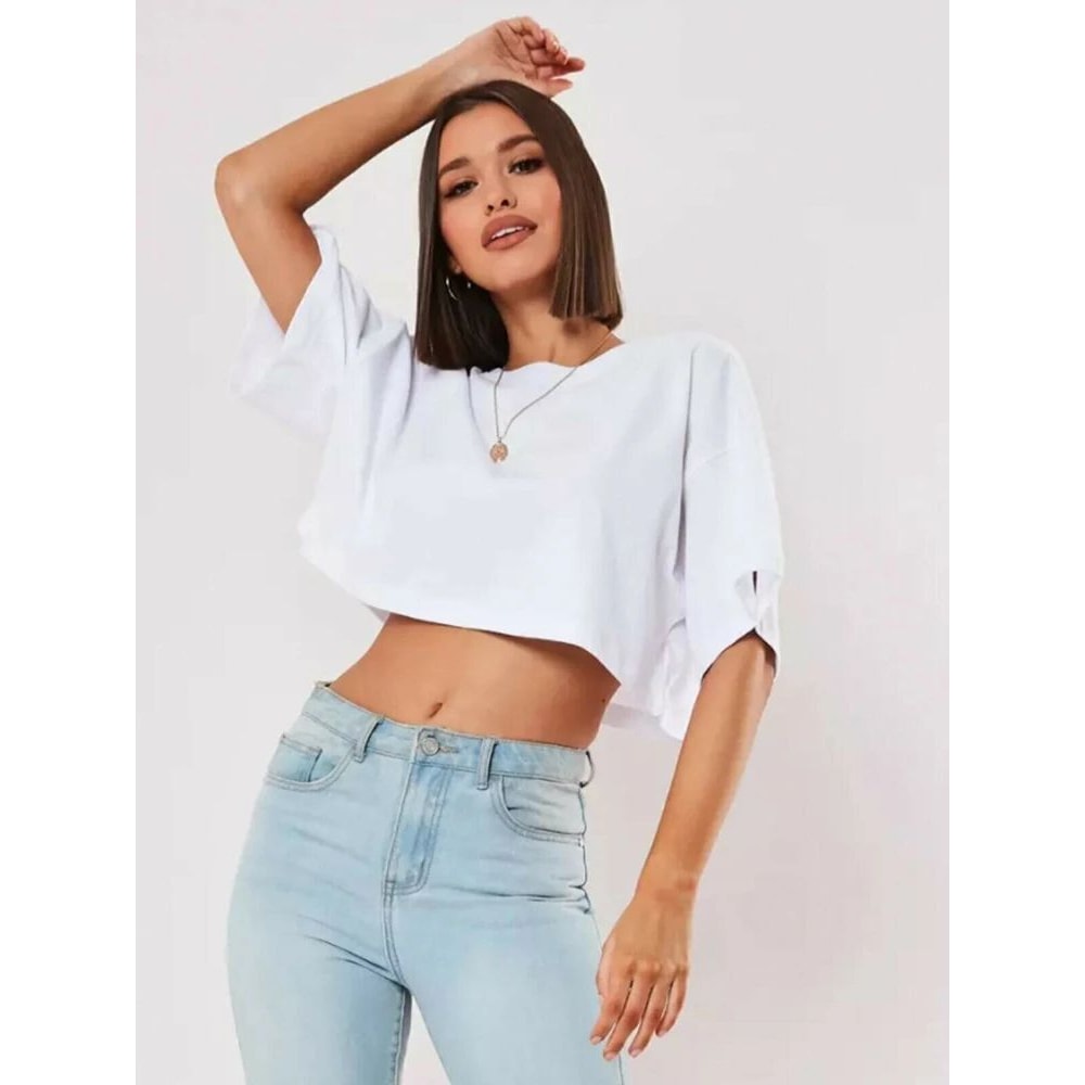 Womens Cotton Yoga Crop Top Loose Fit Workout Tee 12