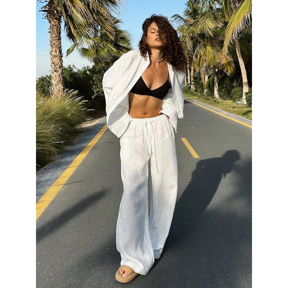 Bornladies Womens Wide Leg Pants Set Lapel LongSleeve Shirt Elastic HighWaist Trousers Womens 2 Pi 0