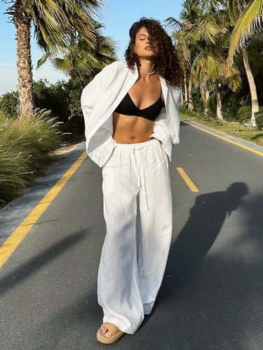 Bornladies Womens Wide Leg Pants Set - Lapel Long-Sleeve Shirt, Elastic High-Waist Trousers (Womens 2 Piece Pants Set)