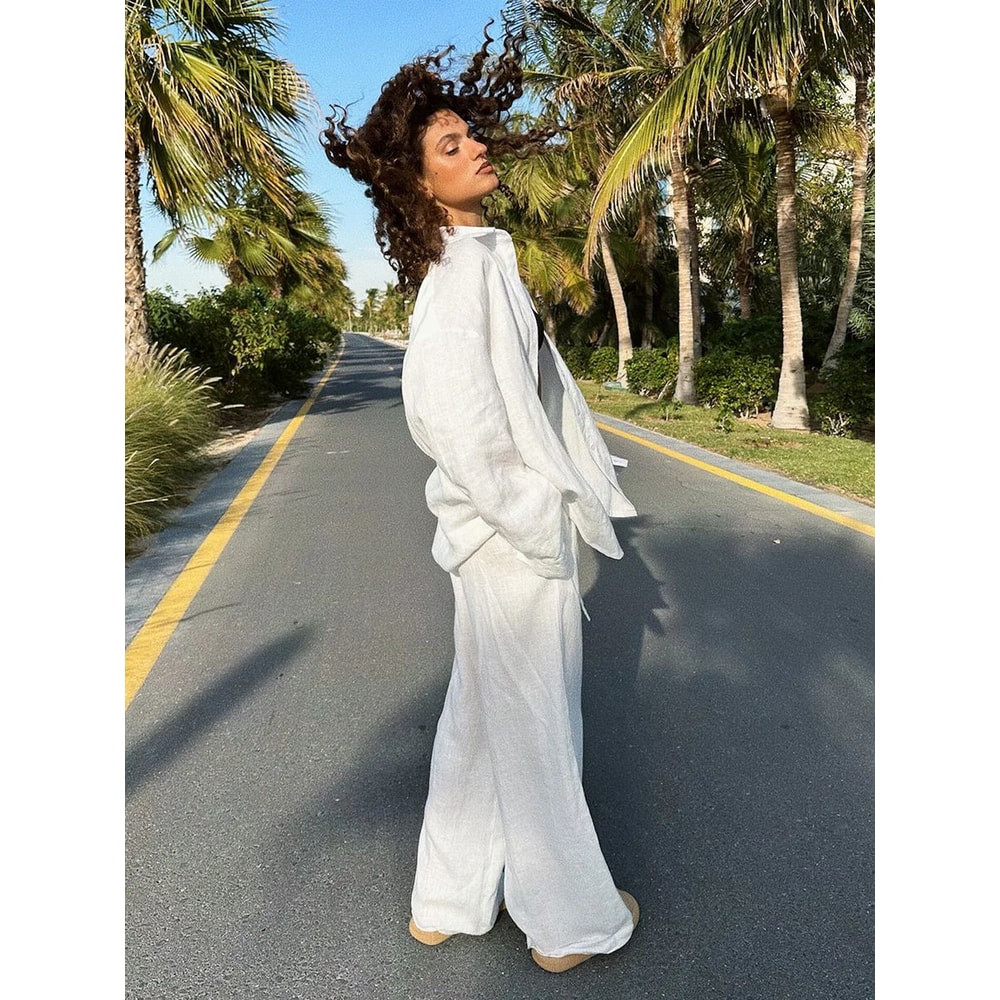 Bornladies Womens Wide Leg Pants Set Lapel LongSleeve Shirt Elastic HighWaist Trousers Womens 2 Pi 1