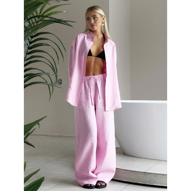 Bornladies Womens Wide Leg Pants Set Lapel LongSleeve Shirt Elastic HighWaist Trousers Womens 2 Pi 5