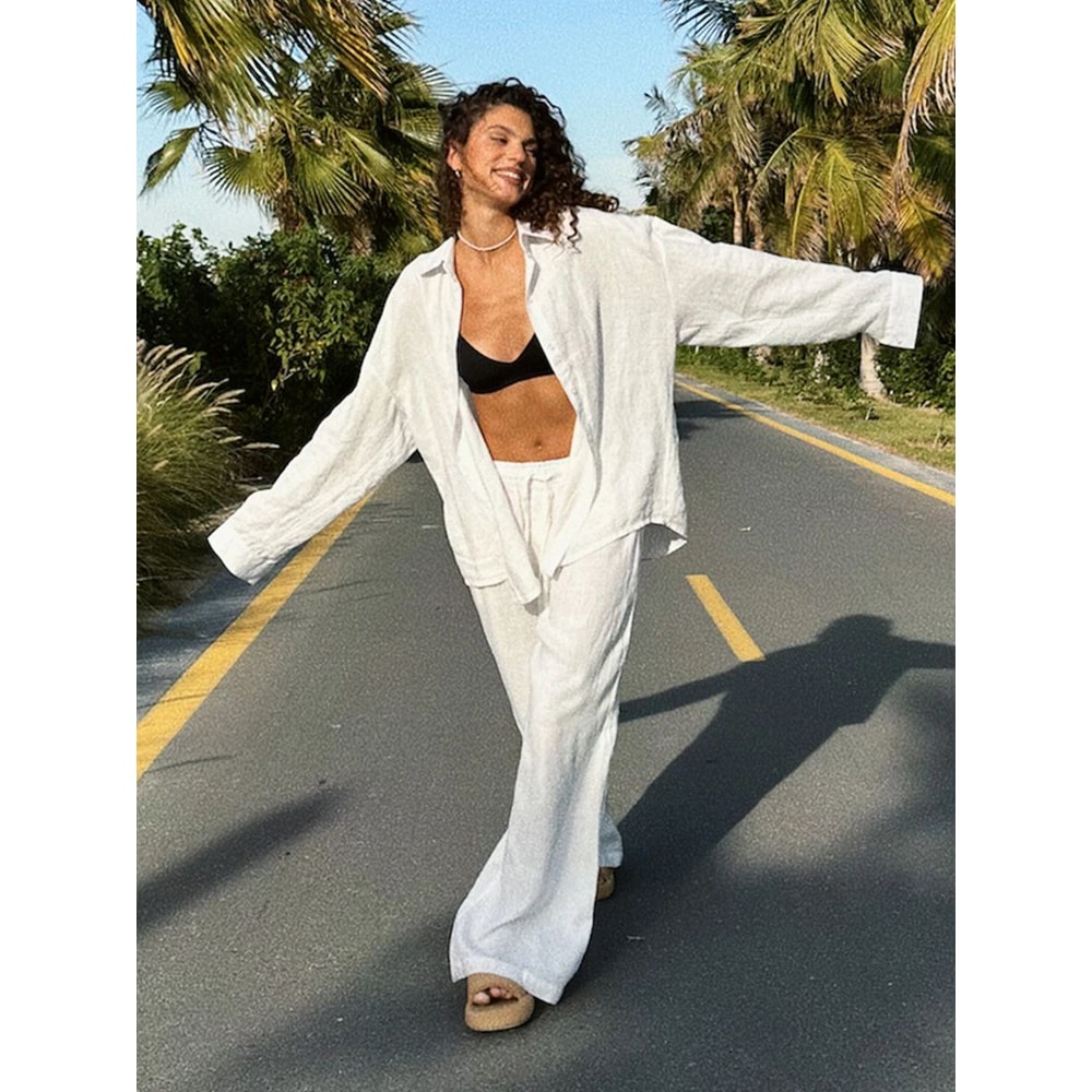 Bornladies Womens Wide Leg Pants Set Lapel LongSleeve Shirt Elastic HighWaist Trousers Womens 2 Pi 7