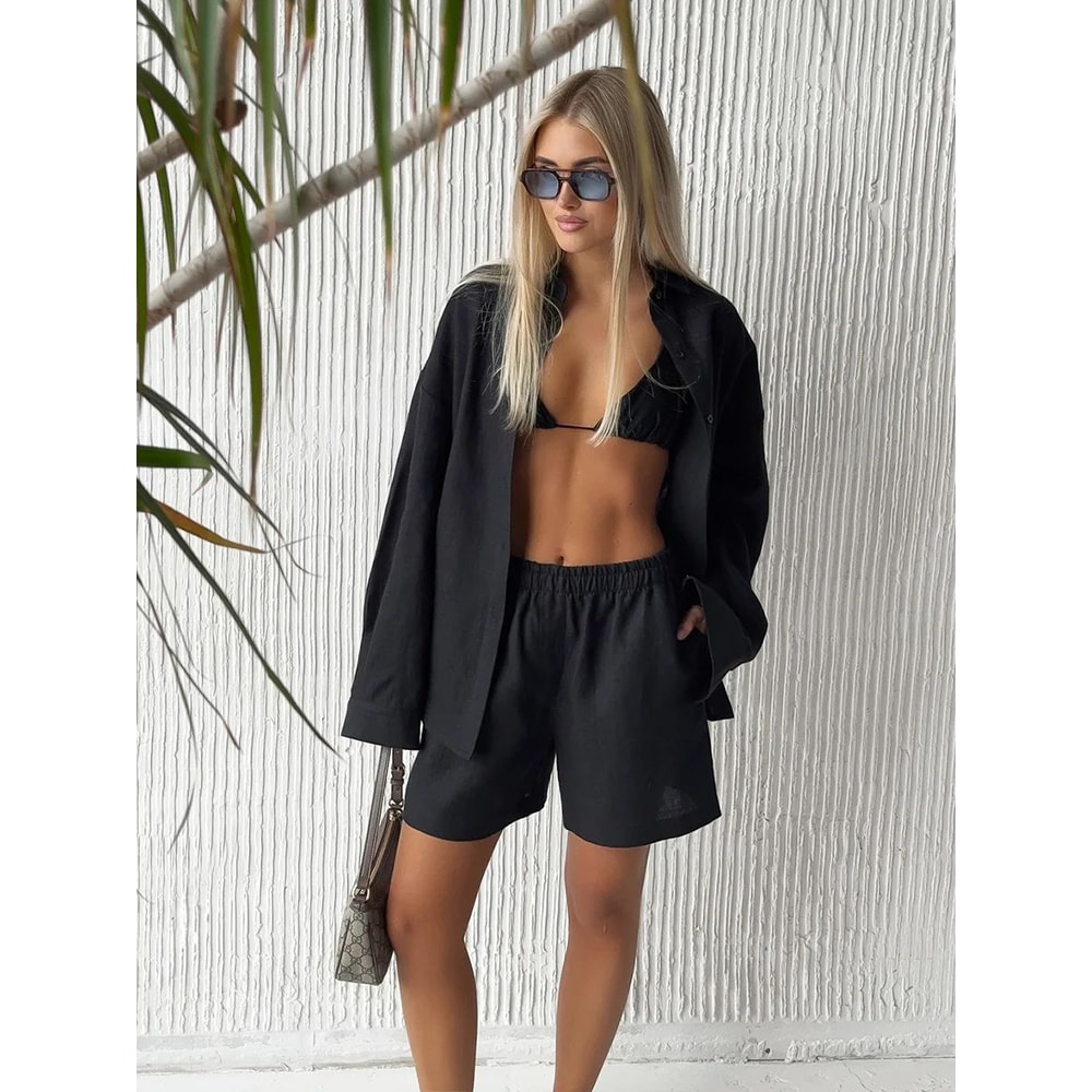 Bornladies Womens Wide Leg Pants Set Lapel LongSleeve Shirt Elastic HighWaist Trousers Womens 2 Pi 15