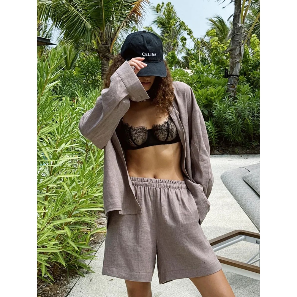 Bornladies Womens Wide Leg Pants Set Lapel LongSleeve Shirt Elastic HighWaist Trousers Womens 2 Pi 17