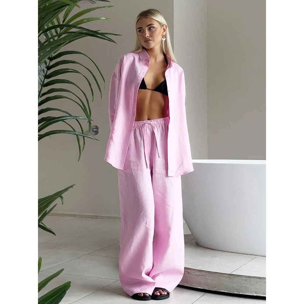 Bornladies Womens Wide Leg Pants Set Lapel LongSleeve Shirt Elastic HighWaist Trousers Womens 2 Pi 8