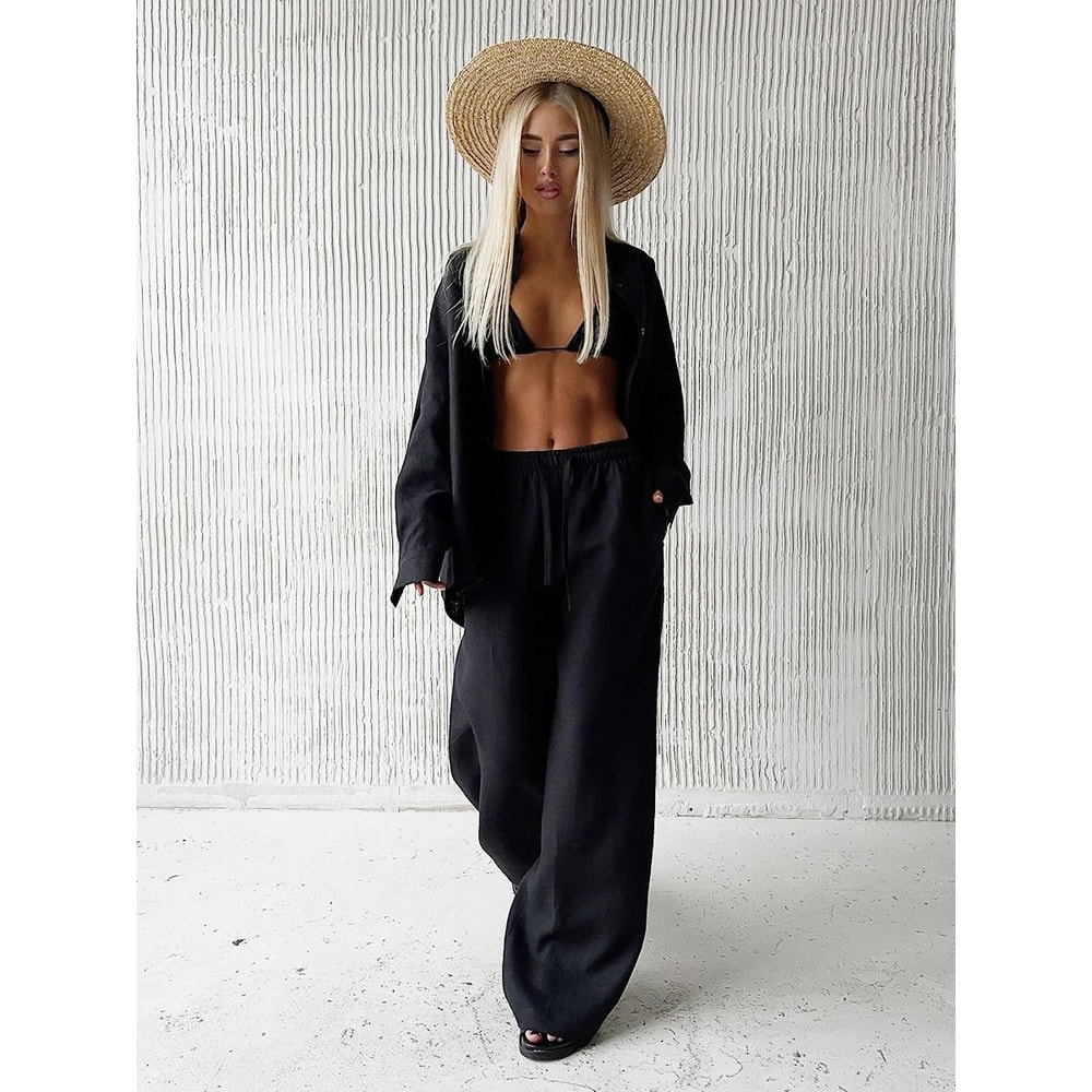 Bornladies Womens Wide Leg Pants Set Lapel LongSleeve Shirt Elastic HighWaist Trousers Womens 2 Pi 9