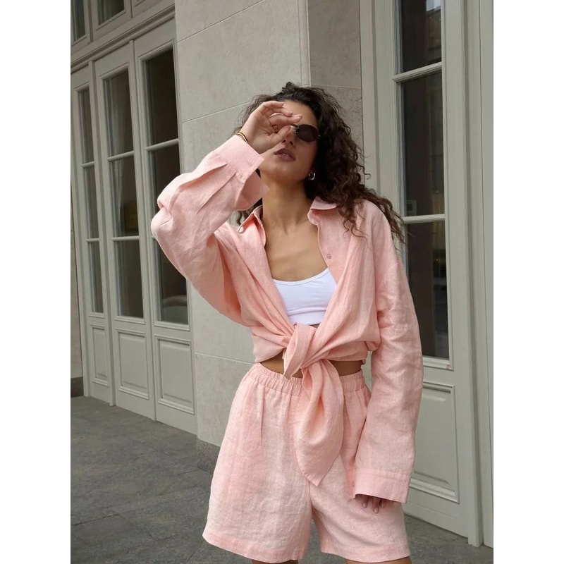 Bornladies Womens Wide Leg Pants Set Lapel LongSleeve Shirt Elastic HighWaist Trousers Womens 2 Pi 13