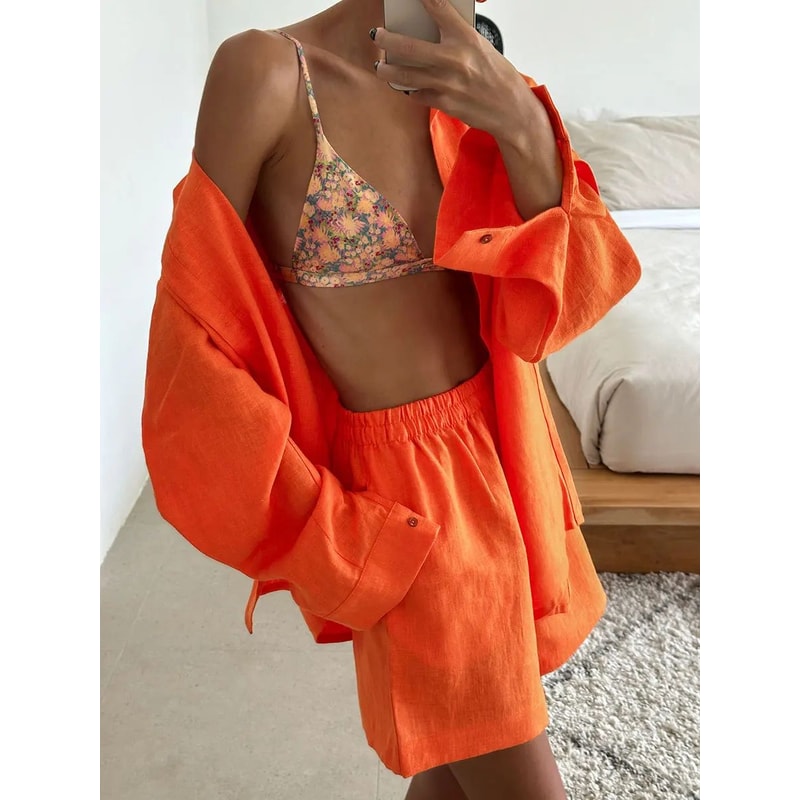 Bornladies Womens Wide Leg Pants Set Lapel LongSleeve Shirt Elastic HighWaist Trousers Womens 2 Pi 14