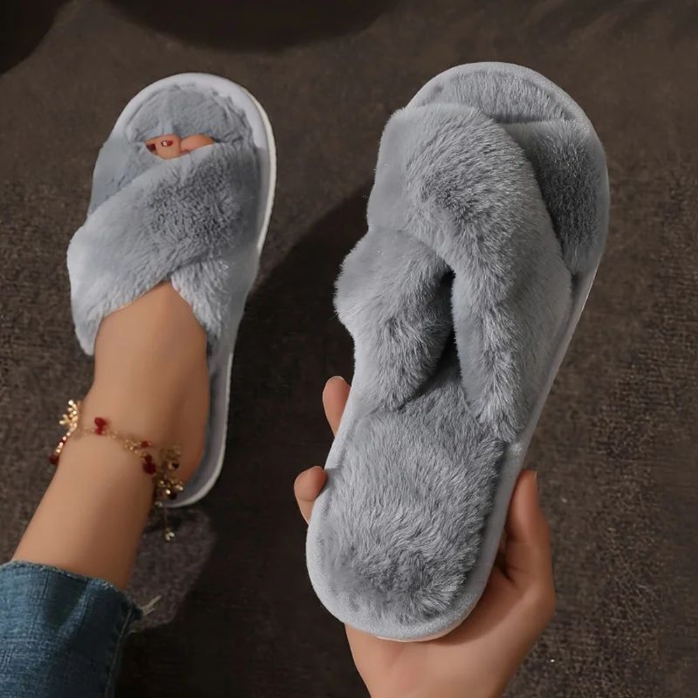 Faux Fur Slippers CrossStrap Plush Indoor Slides For Women Lightweight Warm Plus Size 1