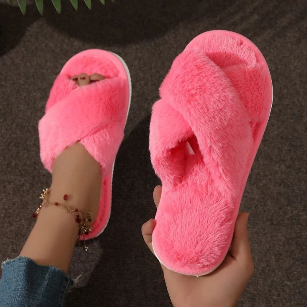 Faux Fur Slippers CrossStrap Plush Indoor Slides For Women Lightweight Warm Plus Size 12