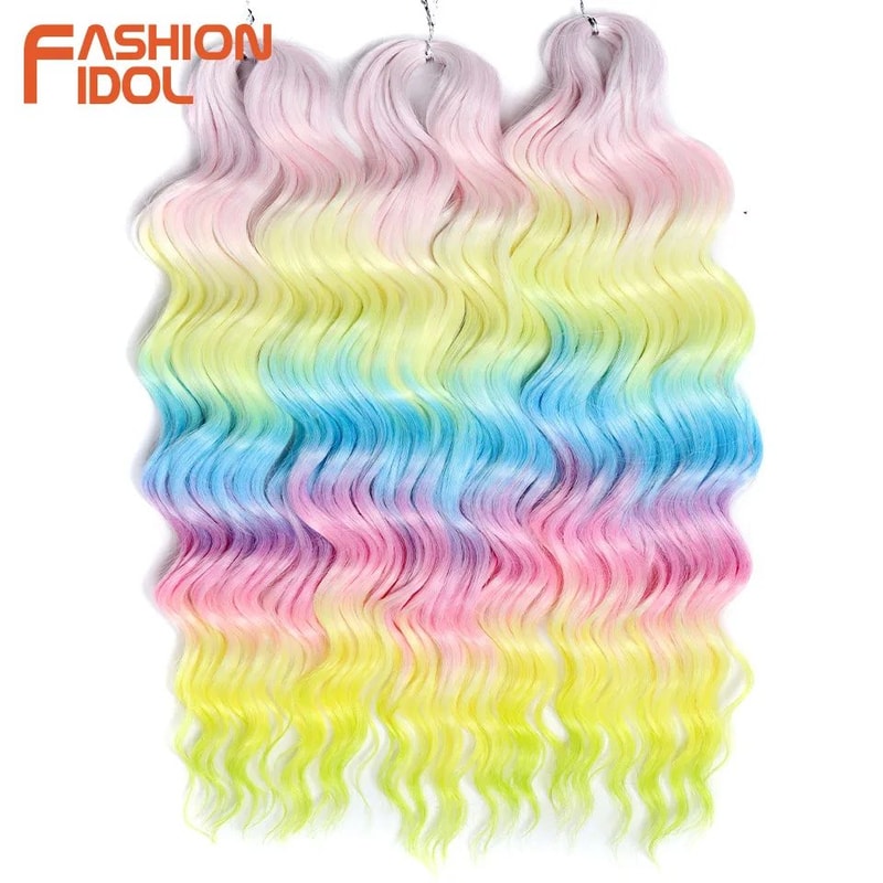 FASHION IDOL 24Inch Water Wave Crochet Hair Extensions Ombre Rainbow DeepWave Braiding Hair 1