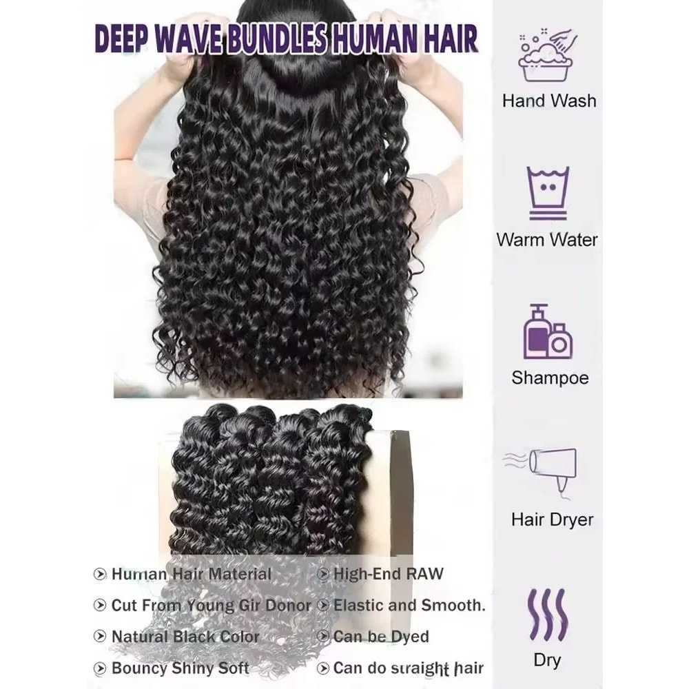 3034 Inch Deep Wave Human Hair Bundles Raw Unprocessed Double Weft Virgin Weave Extensions 1
