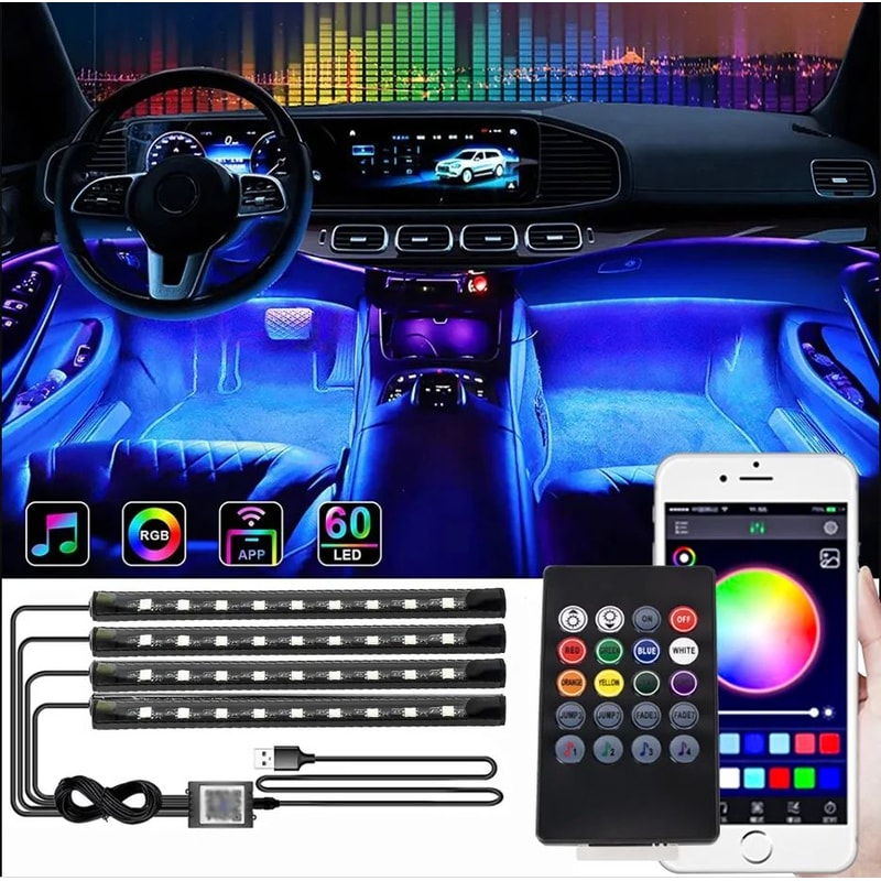 USB Car Interior Ambient Light Strips 48 LED With App And Remote Control 0