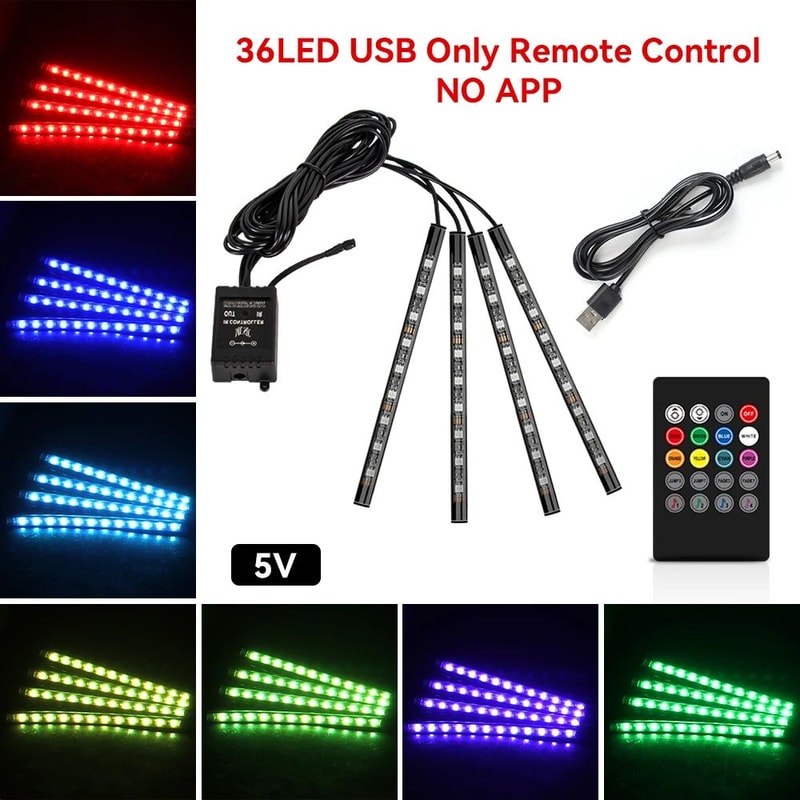 USB Car Interior Ambient Light Strips 48 LED With App And Remote Control 6