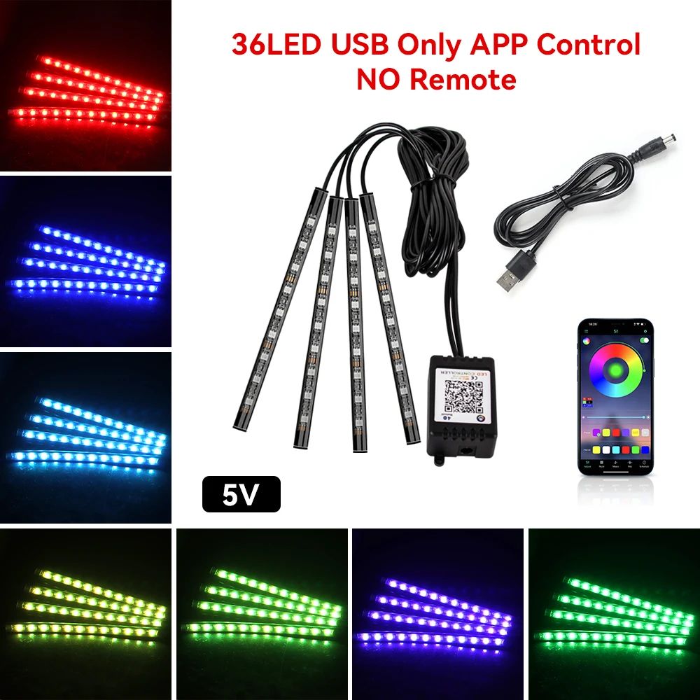 USB Car Interior Ambient Light Strips 48 LED With App And Remote Control 9