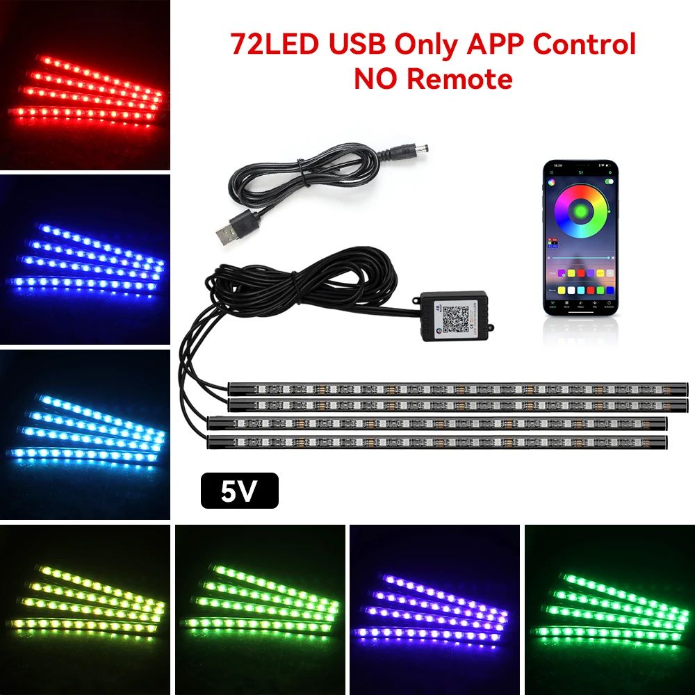 USB Car Interior Ambient Light Strips 48 LED With App And Remote Control 17