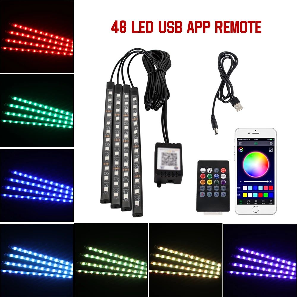 USB Car Interior Ambient Light Strips 48 LED With App And Remote Control 19