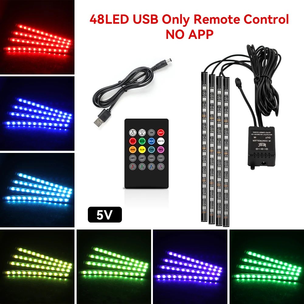 USB Car Interior Ambient Light Strips 48 LED With App And Remote Control 11