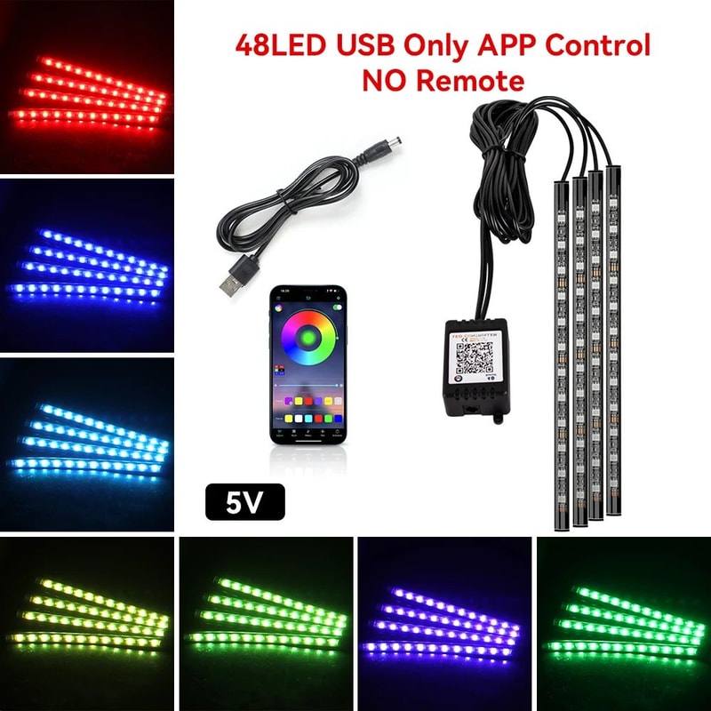 USB Car Interior Ambient Light Strips 48 LED With App And Remote Control 12